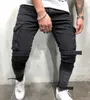 Mager biker jeans män multi-pocket bandage slim cargo joggers byxor för män motorcykel hip hop streetwear swag denim byxor