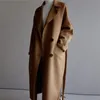 Winter Wide Lapel Belt Pocket Blend Coat Oversize Long Trench Outwear Wool Women