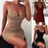 Mulheres Spaghetti Strap Strapy Package Hip Bodycon Mini Vestido Curto Club Dress Senhoras Sexy Sólidos Vestidos