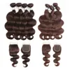 Pacotes de cabelo humano da onda do corpo peruano com fechamento # 2 # 4 Chocolate Brown 3 ou 4 pacotes com fechamento de renda Remy extensões de cabelo humano