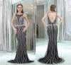 Custom Made Mermaid Round Neck Party Dresses Newest Beaded Crystal Sexy Backless Party Fitted Prom Dresses Black Evening Gowns