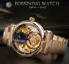 FORSINING Top Brand Luxury Vintage Orologio meccanico automatico da uomo Cinturino in acciaio inossidabile Sun Moon Display Scheletro dorato Orologi da polso SL300W