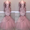 2019 New Blush Pink Bling Prom Dresses Scollo a V Maniche lunghe Paillettes Appliques in pizzo Mermaid Piano Lunghezza Paillettes Abiti da sera Abiti da festa