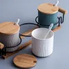 Sugar Bowl Ceramic Spice Jar Condiment Pots with Bamboo Lid and Ceramic Spoon for Home and Kitchen6560161