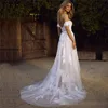 Elegant off the Shoulder Beach Trouwjurken met 3D Floral Applique 2019 Tule Sweep Train Garden Custom Trouwjurk Vestido de Novia