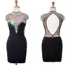 Sexy Black Short Fashion Evening Prom Dresses High Neck Blingbling Crystal Rhinestones kralen sleutelgat formele rode loper beroemdheid 311p