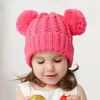 Cute Kid Knit Crochet Beanies Hat Girls Soft Double Balls Winter Warm Hat 13 Colors Outdoor Baby Pompom Ski Caps Free Shpping