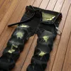 Unique Mens Distressed Ripped Straight Leg Jeans Fashion Designer Retro Washed Embroidery Bleached Streetwear Black Denim Pants JB164