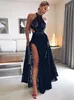 Dubaï arabe haut fendu 2019 robes de bal noir pleine dentelle pas cher bijou cou robe de soirée formelle élégante soirée robes formelles 2019