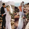 Beach Full Lace Mermaid Wedding Dresses Long Sleeves Deep V Neck Appliques Sweep Train Cheap Bohemian Wedding Bridal Gowns robe de mariée