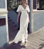 2022 Gelin Törenlerinde Ensotek V Yaka Plaj Gelinlik Vestido Noiva Praia Basit Ruffles Casamento Boho Özel Asimetrik