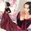 Nowy Sexy Głębokie Neck Velvet Prom Dresses Długie Rękawy Burgundii Wysoka Piętro Długość Długość Satynowa Party Quinceanera Plus Size Formalna suknia wieczorowa