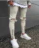 2017 남자 무릎 지퍼 파괴 청바지 스키니 스트레치 패션 찢어진 디자이너 연필 카키색 검은 흰색 카키색 바이커 청바지 조깅