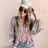 Vintage Chic Moda Kobiety Czeski Kwiatowy Drukowane V-Neck Lace-Up Rayon Boho Bluzki Koszule Długie Rękaw Koszulki Kobiet Blusas T200321