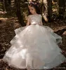 Champagne de calidad superior de la tripulación vestidos de niña de encaje de tul para las bodas nueva llegada de longitud de los vestidos de primera comunión