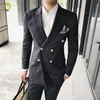 Gri Şerit Damat Smokin Kruvaze Erkek Düğün Smokin Tepe Yaka Ceket Blazer Moda Erkekler Yemeği / Darty Suit (Ceket + Pantolon + Kravat) 1105