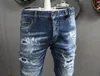 Jean bleu pour hommes, patchs Patchwork, détails de points, élastique, dommage, pantalon en Denim, effet déchiré, Cowboy, 245Z