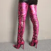 Rontic, nuevas botas de serpiente por encima de la rodilla para mujer, botas de tacón alto de aguja, zapatos de fiesta rojos rosas con punta estrecha, tallas grandes de EE. UU. 5-15