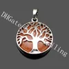 10Pcs Hollow Tree Of Life Round Crystal Stone Bead Pendant Natural Semi Precious Gemstone Cabochon Silver Plated Life Tree Locket Pendant