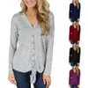 V-neck knapp knit t-shirt Kvinnor Långärmad knep Knuten tröja Topp Slips Knot Cardigan Casual Outwear AAA1766