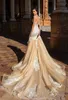 2019 champagne zeemeermin bruidsjurk juweel nek zwaar geborduurd lijfje afneembare rok trouwjurken lage rug lange trein