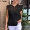 fashion-VONDA 2019 Sexy Femmes Blouse D'été Sans Manches En Dentelle Chemise OL Bureau Dames Chemise Creux Parti Tops Camisas Plus La Taille Blanc Blusa