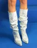 Hot Sale-Super Hot Women Pointy Toe Knä High Boots Slip på Ladies Knight Boots Rhinestone Sexig Chunky Heel Crystal