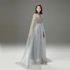 Women's Runway Dresses O Neck Sleeveless Sexy Tulle Laid Over Long Cape Elegant Party Prom Dresses