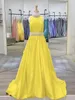 Vestido de desfile de niña de satén amarillo 2020 con perlas de cuentas cuello alto/cuello línea A cremallera niños fiesta de graduación cóctel vestidos de cumpleaños