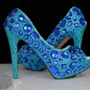 Peep Toe Azul Sapatos De Casamento De Strass Plataforma De Diamante Bling Bombas De Salto Alto De Cristal Da Noiva Feitos À Mão Do Partido Do Baile De Formatura Saltos