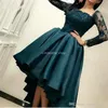 Dark Green A Line Prom Dresses Square Neck Hi-Lo Beaded Sequined Long Sleeves Satin Formal Dress Evening Gowns Vestidos De Noiva ogstuff