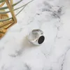 925 Sterling Silver Round Black Enamel Open Size Rings Fine Jewelry Women Adjustable Statement Ring Valentine's Day Gifts