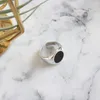 925 Sterling Silver Round Black Emal Open Size Ringar Fina smycken Kvinnor Justerbar uttalande Ring Alla hjärtans dag gåvor