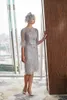 Slivery Mother Of The Bridal Dresses Jewel Neck 3/4 Sleeve Beads Appliques Feathers Satin Sheath Prom Dress Knee Length Mothers Dresses