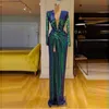 Green Sequined Sheath Prom Dresses Long Sleeves Deep V Neck Front Split Evening Dress Cocktail Party Gowns Single Color No Discoloration