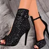 Fashion Black Diamond Rhinestone Sandals Ankle Summer Booties High heeled Summer Sandals
