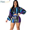 Haoyuan Striped Plus Size 2 Two Piece Set Puff Sleeve Crop Top And Biker Shorts Sexy Club Summer Outfits For Women Matching Sets Y19062601