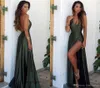 2019 Prosty Hunter Green Front Split Suknia Wieczorowa Tanie V Neck Backless Długa Formalna Celebrity Summer Party Gown Custom Made Plus Size