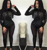 New Wholesale Hot Sexy See Through Women Black Mesh Jumpsuit Long Sleeve Club Party Bodysuit Women Sequined Dot Bodycon Jumpsuit Wine Red