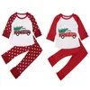 Kinderweihnachts-Kleidungs-Satz-Spitze mit langen Ärmeln Dot-Auto-Cartoon Printed Top + Dot Flare Pants Anzug Outfits Weihnachten Kleidung Mädchen-T-Shirt neuer GGA2696