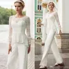 Vintage White Mother of Bride Groom Pants Suits Formal Mother Occasion Dress Lace Top Long Sleeve Mother Evening Party Jumpsuit