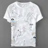 이탈리아 브랜드 린넨 짧은 소매 티셔츠 남성 캐주얼 느슨한 티셔츠 망 만화 자수 바느질 라운드 목 티셔츠 남성 Camisa1