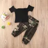 1-6Y mode kids baby meisje kleding meisje outfits zwarte korte mouw uit schouder t-shirt tops + camouflage broek outfit 2pcs1