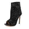 Hot Sale-xy Shoes Rhinestone oco Out boca de peixe sandálias Arrefecer Botas Sexy Salto Alto mulher negra sandálias vestido