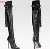 Hot Sale-Fashion Women Thigh High Boots Alligator Women Fringe Boots Pointed Toe Thin High Heels Tassel Shoes for Women