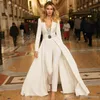 2019 White Prom Jumpsuits Berta Dresses V Neck Detachable Overskirts Lace Bodice Evening Gowns Sexy Party Dress Women Pant Suits
