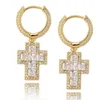 Placcato oro 18K Croce Grande dell'orecchio dell'orecchino di clip micro pavimentato ghiacciato fuori CZ Charm Orecchini Mens