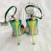 Envío gratis diseñador de moda bombas tacones puntiagudos amarillo verde serpiente pitón T correa con espiga correa de tobillo mujer dama mujer verano