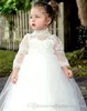 Blanc Ivoire Belle Princesse Robes De Fille De Fleur Col Haut 3/4 Manches Longues Illusion Dentelle À Volants Tulle Robes De Fête D'anniversaire Vestidos