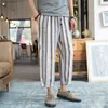 Summer Elastic Waist Men Baggy Pants Loose Cotton Linen Wide Legs Stripe Print Drop Crotch Heren Joggers Plus Size 3Xl Ds50154